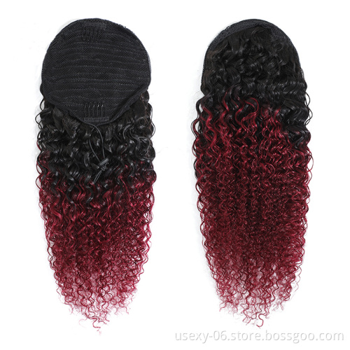 Best Quality Curly Ponytail Human Hair Wholesale Virgin Brazilian Ombre Color 30 99J Drawstring Ponytail Hair Extension